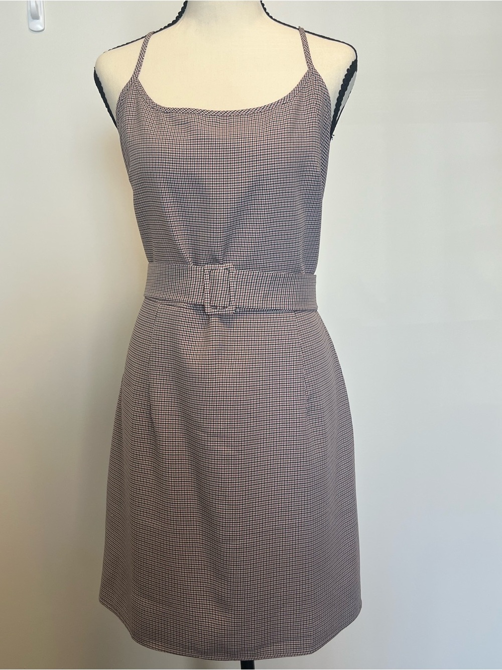 Missguided Brown Houndstooth Plaid Mini Dress Spaghetti Strap Tie Waist US 10